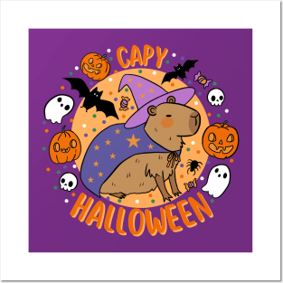Happy Halloween a cute capybara wearing a wizard costume Posters and Art
